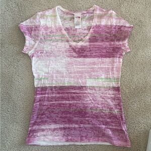 The North Face Pink and White Striped V-Neck Tee